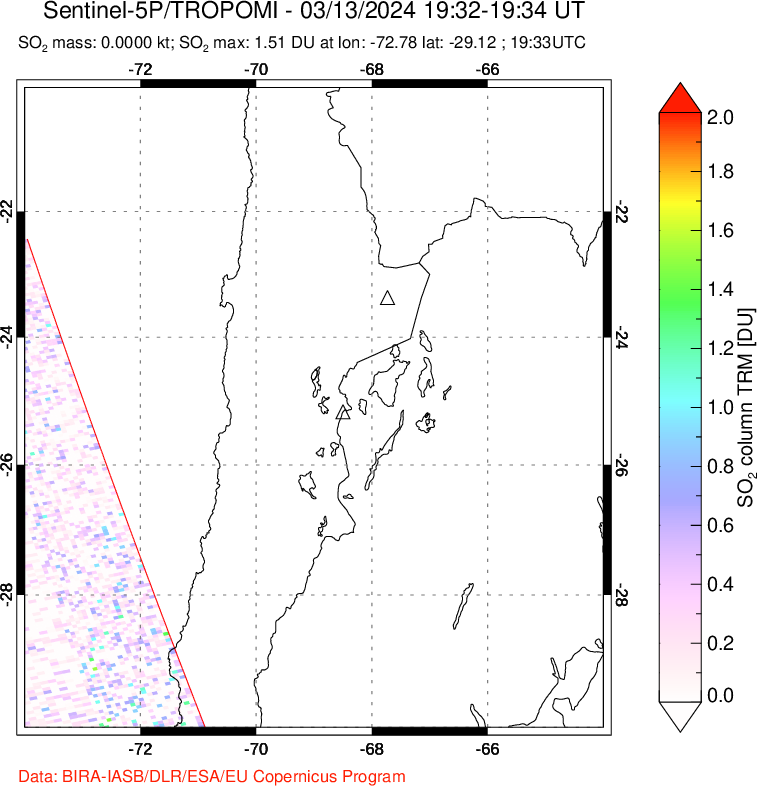 A sulfur dioxide image over Northern Chile on Mar 13, 2024.