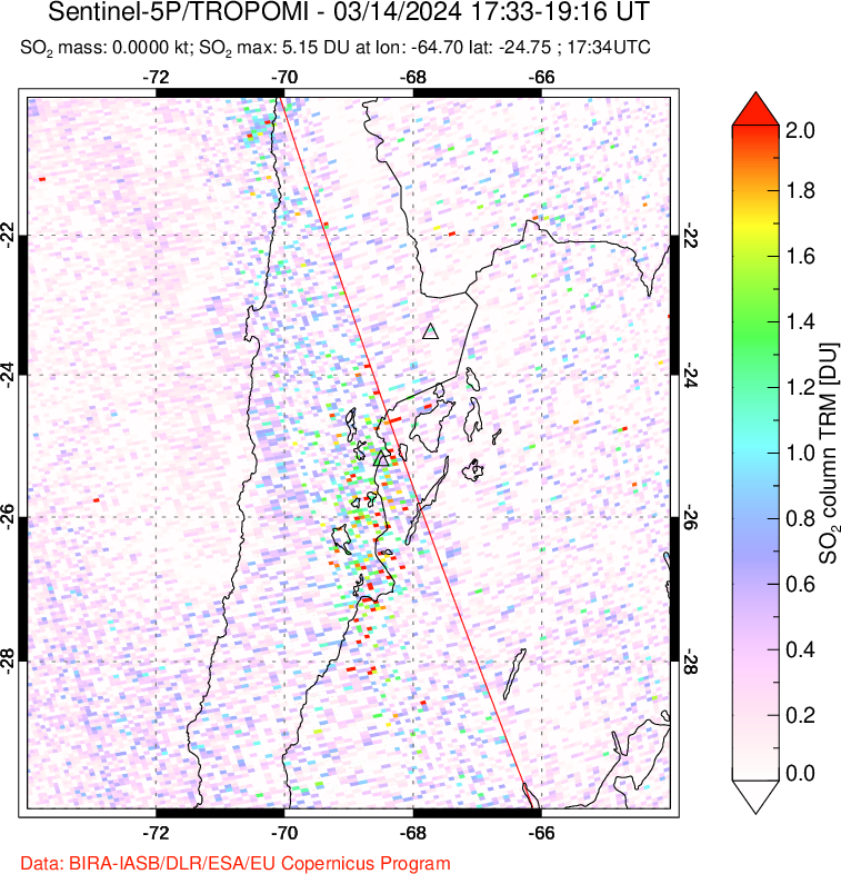 A sulfur dioxide image over Northern Chile on Mar 14, 2024.