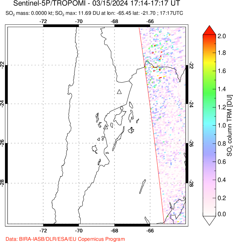 A sulfur dioxide image over Northern Chile on Mar 15, 2024.