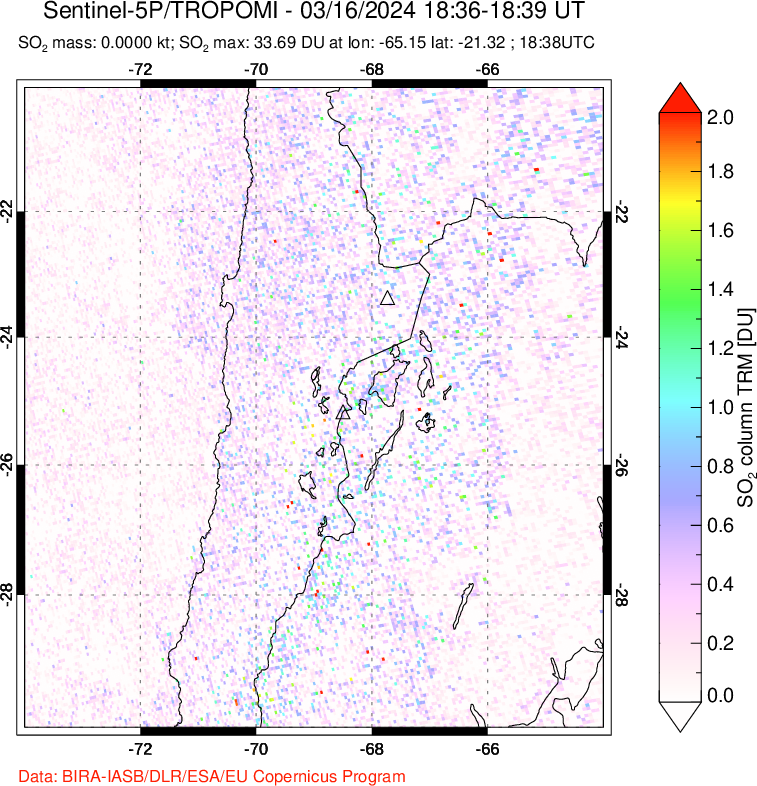 A sulfur dioxide image over Northern Chile on Mar 16, 2024.