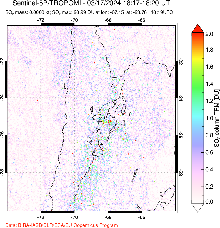 A sulfur dioxide image over Northern Chile on Mar 17, 2024.