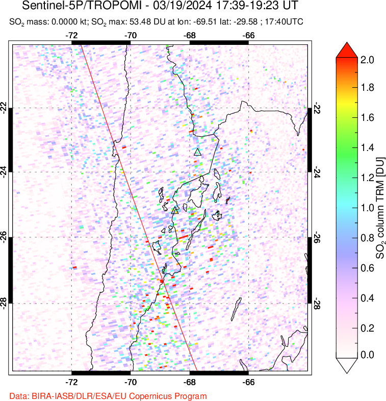 A sulfur dioxide image over Northern Chile on Mar 19, 2024.