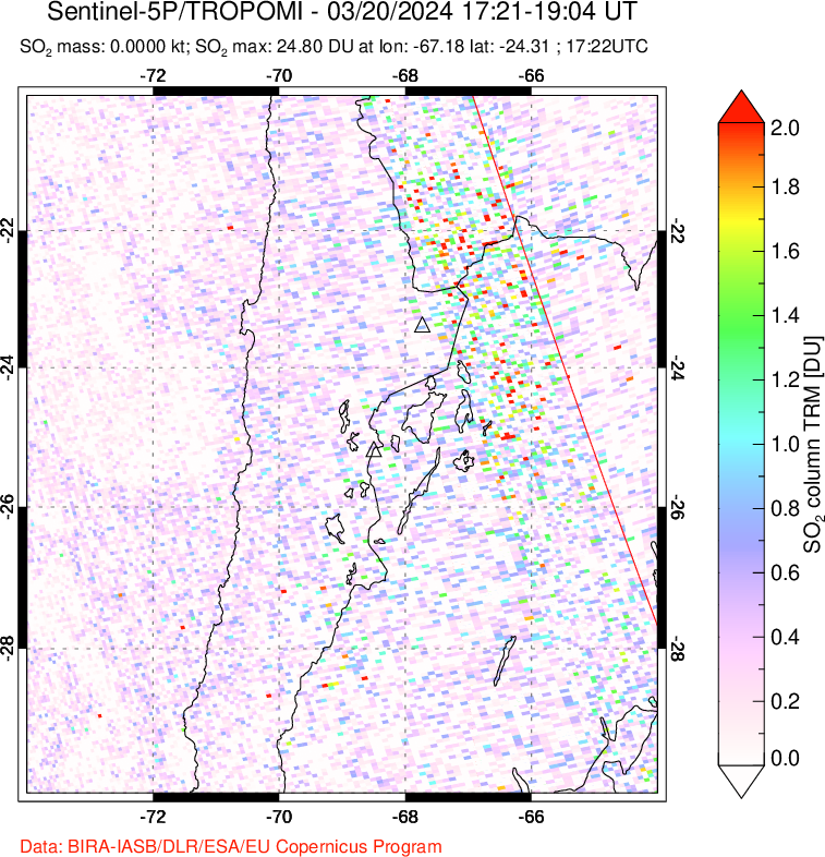 A sulfur dioxide image over Northern Chile on Mar 20, 2024.