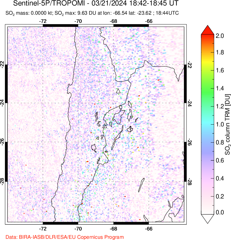 A sulfur dioxide image over Northern Chile on Mar 21, 2024.