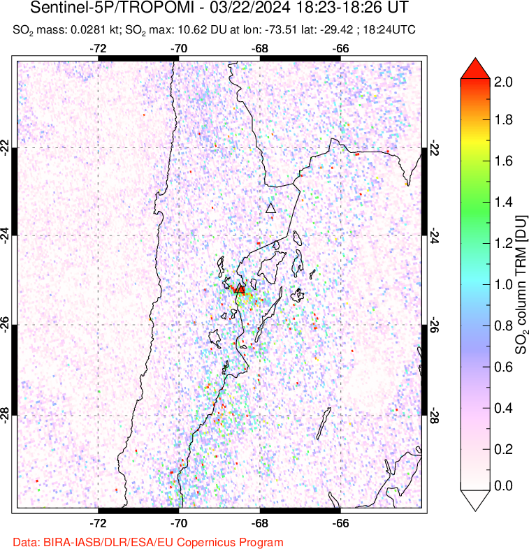 A sulfur dioxide image over Northern Chile on Mar 22, 2024.