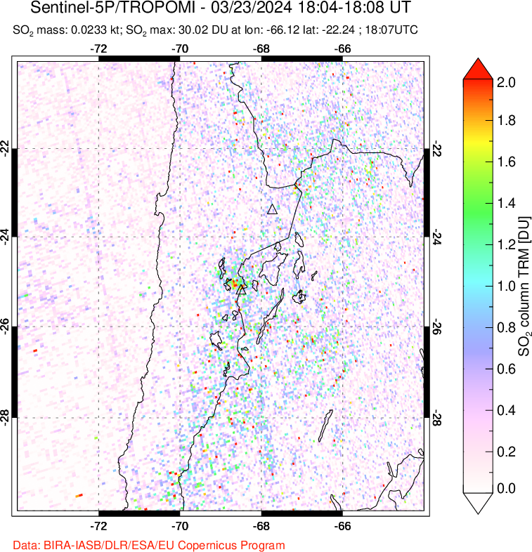 A sulfur dioxide image over Northern Chile on Mar 23, 2024.