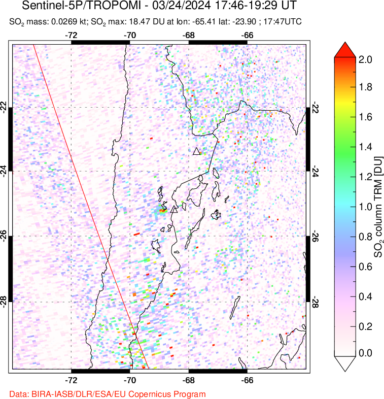 A sulfur dioxide image over Northern Chile on Mar 24, 2024.