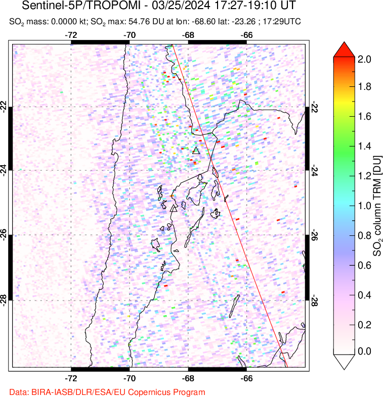 A sulfur dioxide image over Northern Chile on Mar 25, 2024.