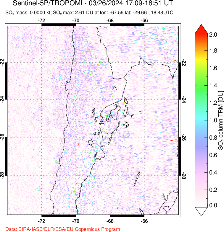 A sulfur dioxide image over Northern Chile on Mar 26, 2024.