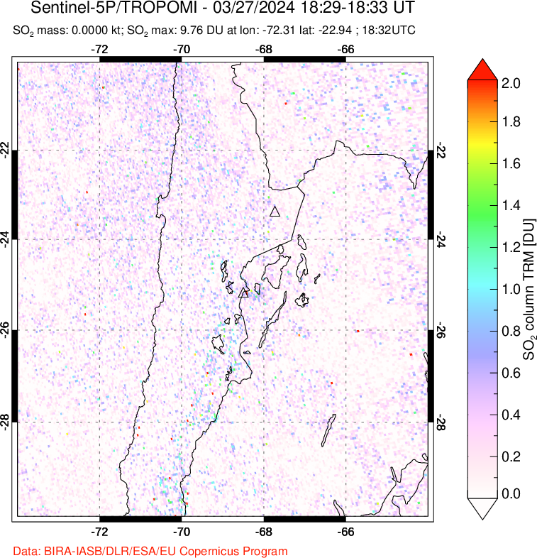 A sulfur dioxide image over Northern Chile on Mar 27, 2024.