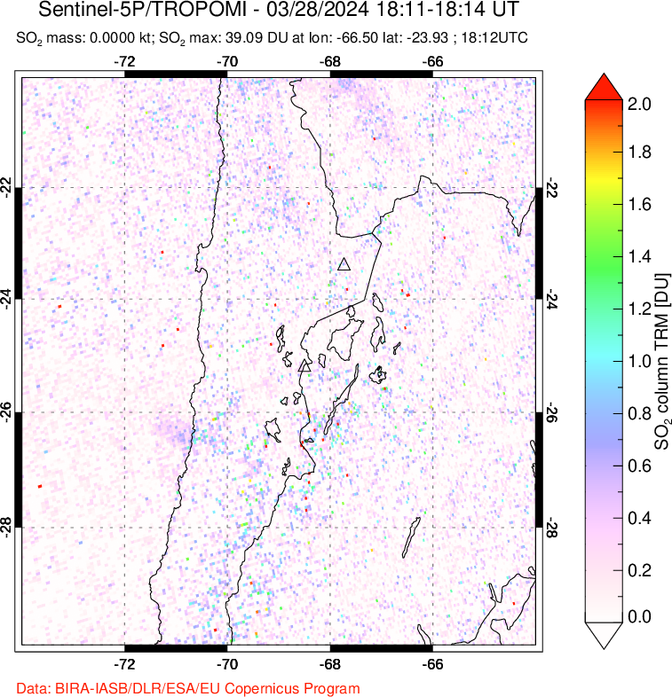 A sulfur dioxide image over Northern Chile on Mar 28, 2024.