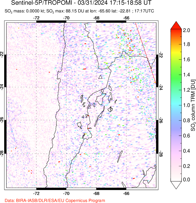 A sulfur dioxide image over Northern Chile on Mar 31, 2024.