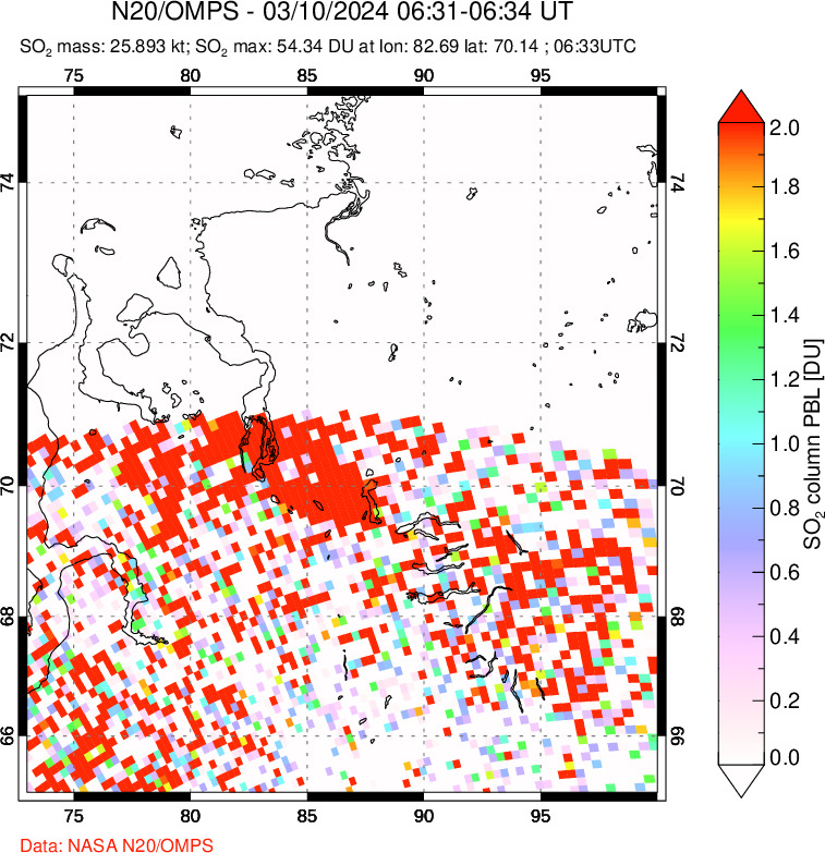 A sulfur dioxide image over Norilsk, Russian Federation on Mar 10, 2024.