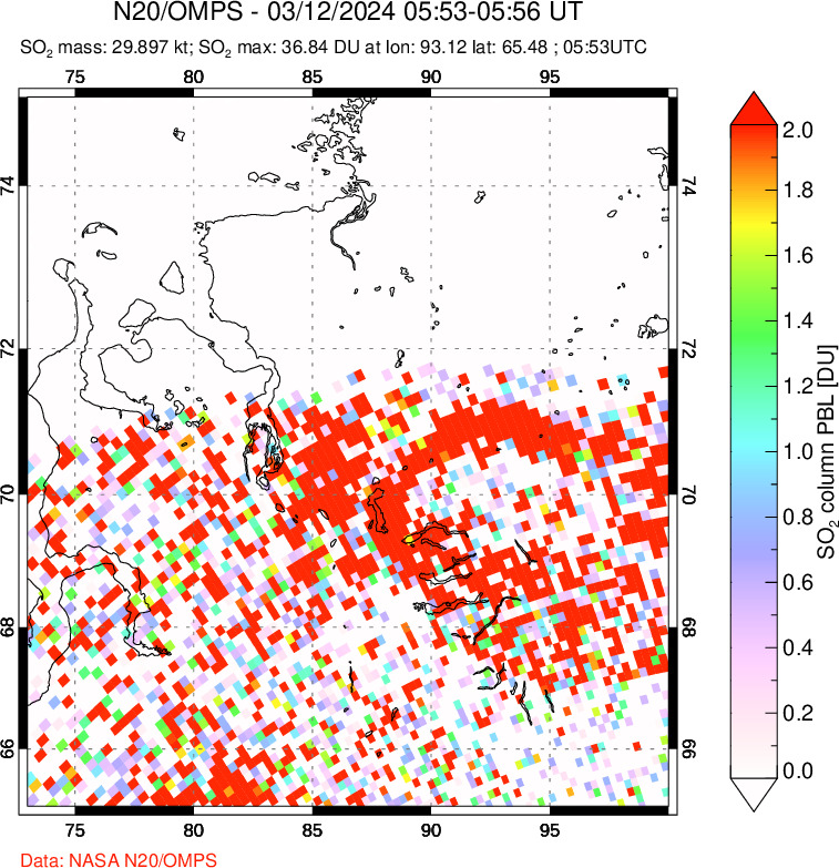 A sulfur dioxide image over Norilsk, Russian Federation on Mar 12, 2024.