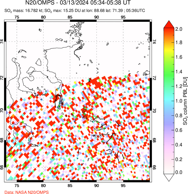 A sulfur dioxide image over Norilsk, Russian Federation on Mar 13, 2024.