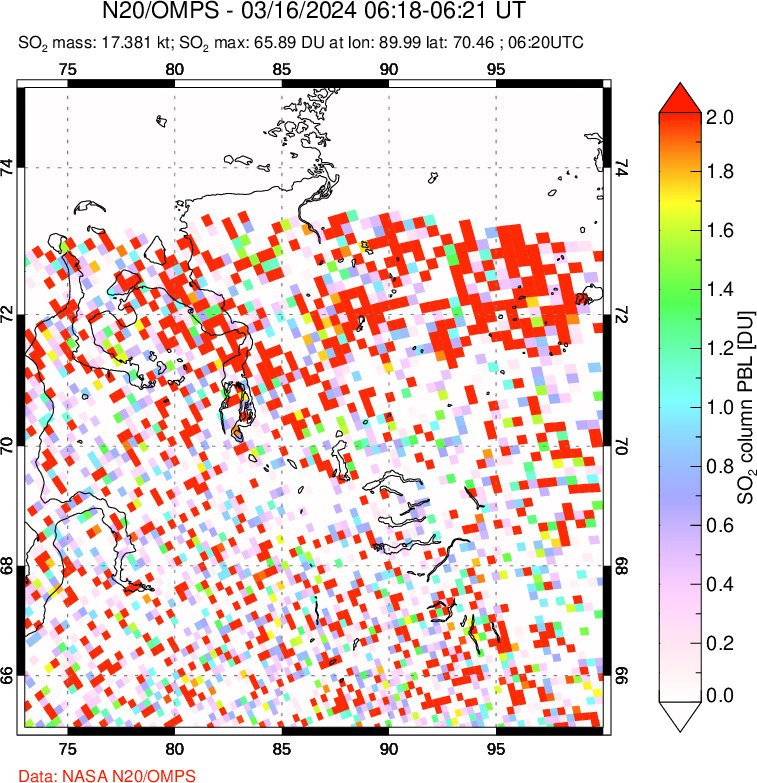 A sulfur dioxide image over Norilsk, Russian Federation on Mar 16, 2024.