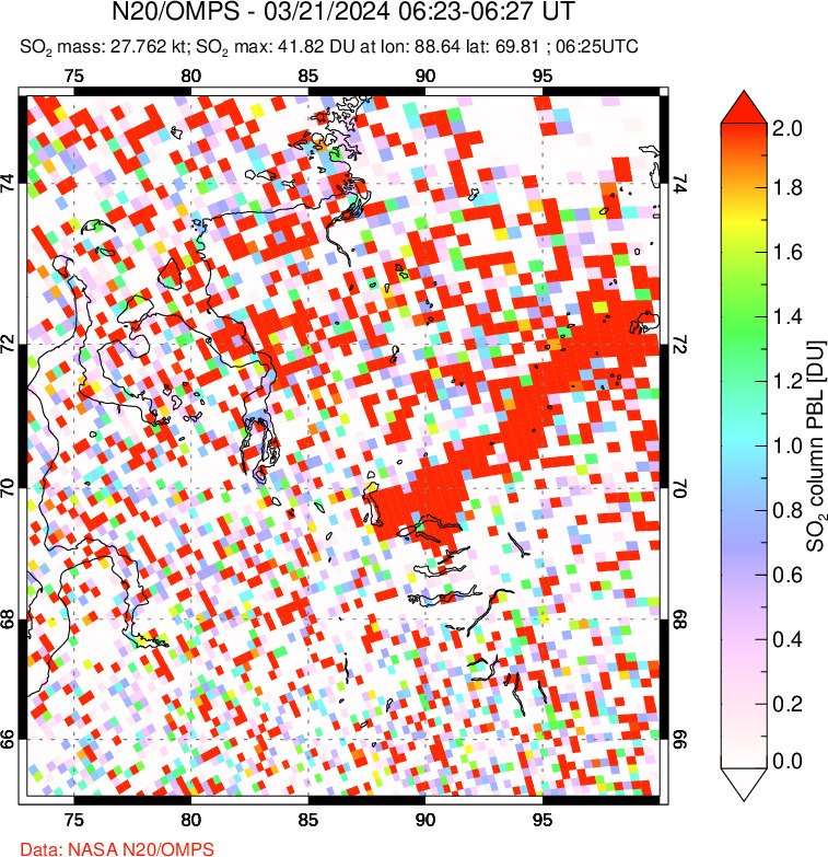 A sulfur dioxide image over Norilsk, Russian Federation on Mar 21, 2024.