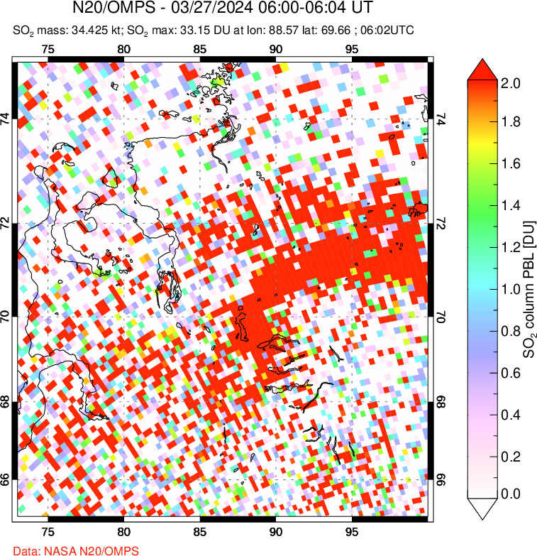 A sulfur dioxide image over Norilsk, Russian Federation on Mar 27, 2024.