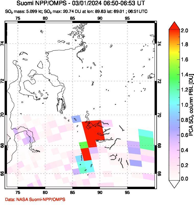 A sulfur dioxide image over Norilsk, Russian Federation on Mar 01, 2024.