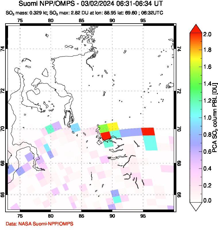 A sulfur dioxide image over Norilsk, Russian Federation on Mar 02, 2024.