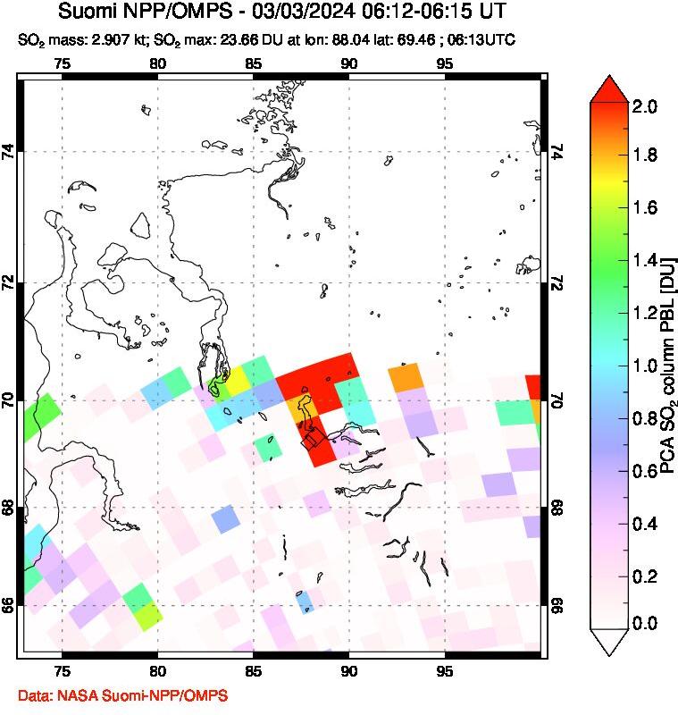 A sulfur dioxide image over Norilsk, Russian Federation on Mar 03, 2024.