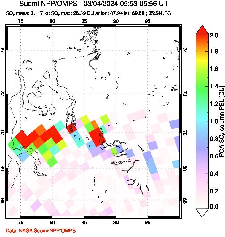 A sulfur dioxide image over Norilsk, Russian Federation on Mar 04, 2024.