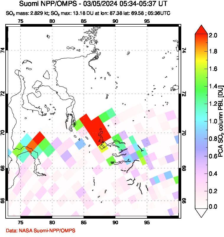 A sulfur dioxide image over Norilsk, Russian Federation on Mar 05, 2024.