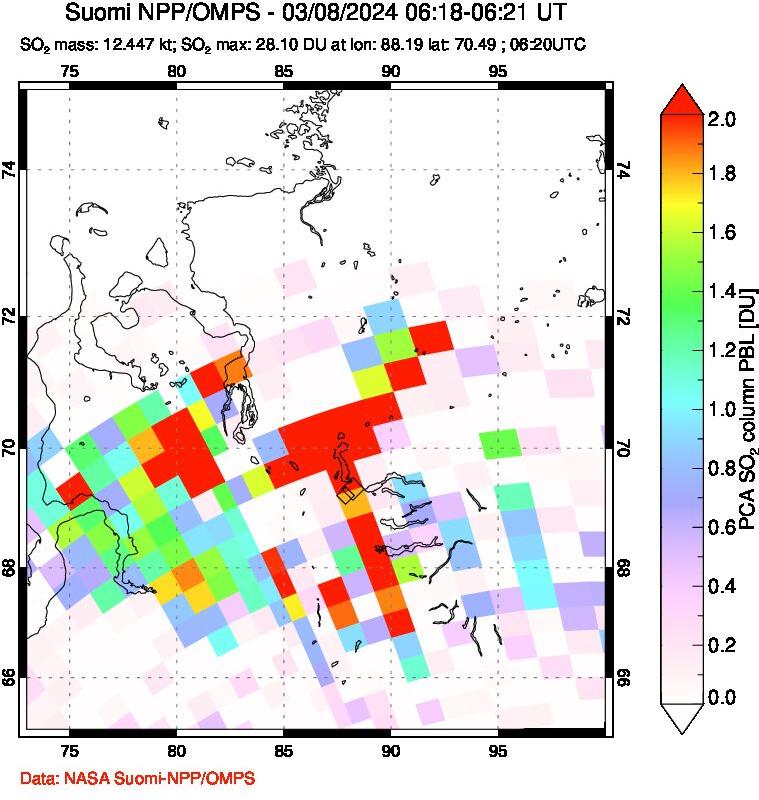 A sulfur dioxide image over Norilsk, Russian Federation on Mar 08, 2024.