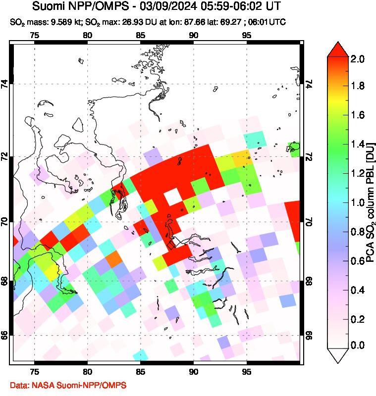 A sulfur dioxide image over Norilsk, Russian Federation on Mar 09, 2024.