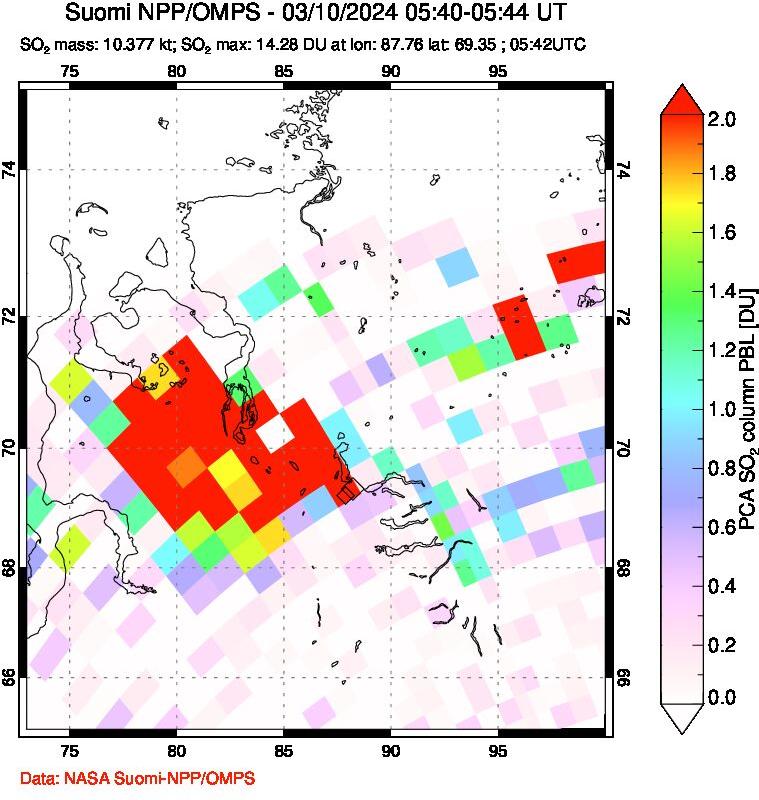 A sulfur dioxide image over Norilsk, Russian Federation on Mar 10, 2024.