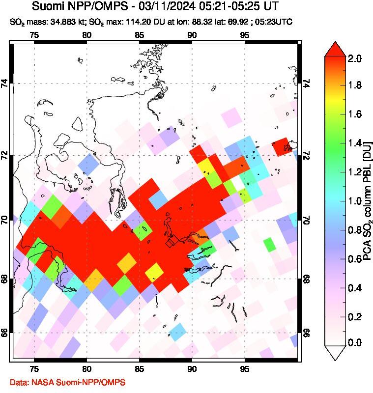 A sulfur dioxide image over Norilsk, Russian Federation on Mar 11, 2024.