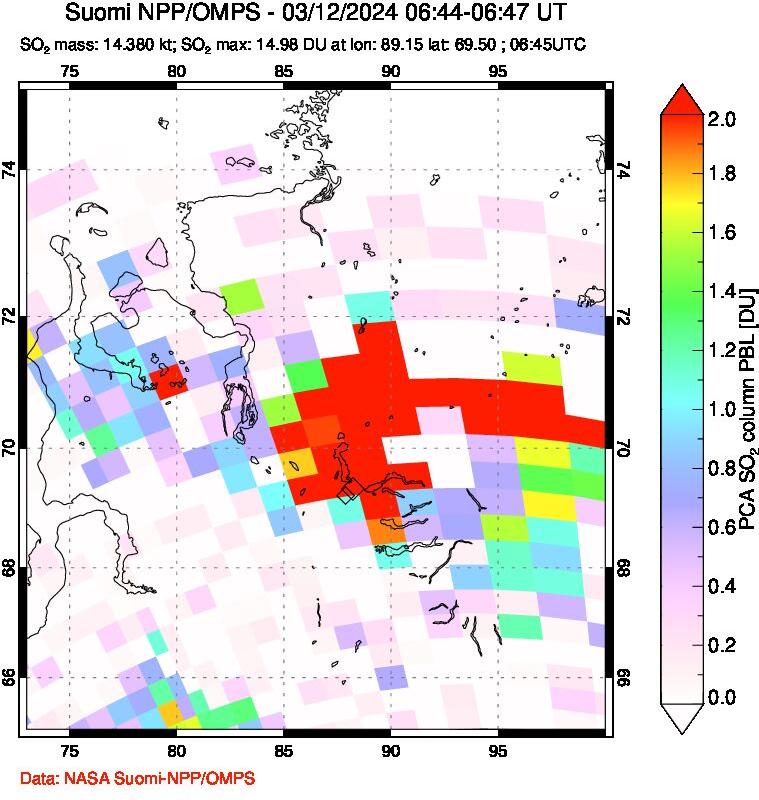 A sulfur dioxide image over Norilsk, Russian Federation on Mar 12, 2024.