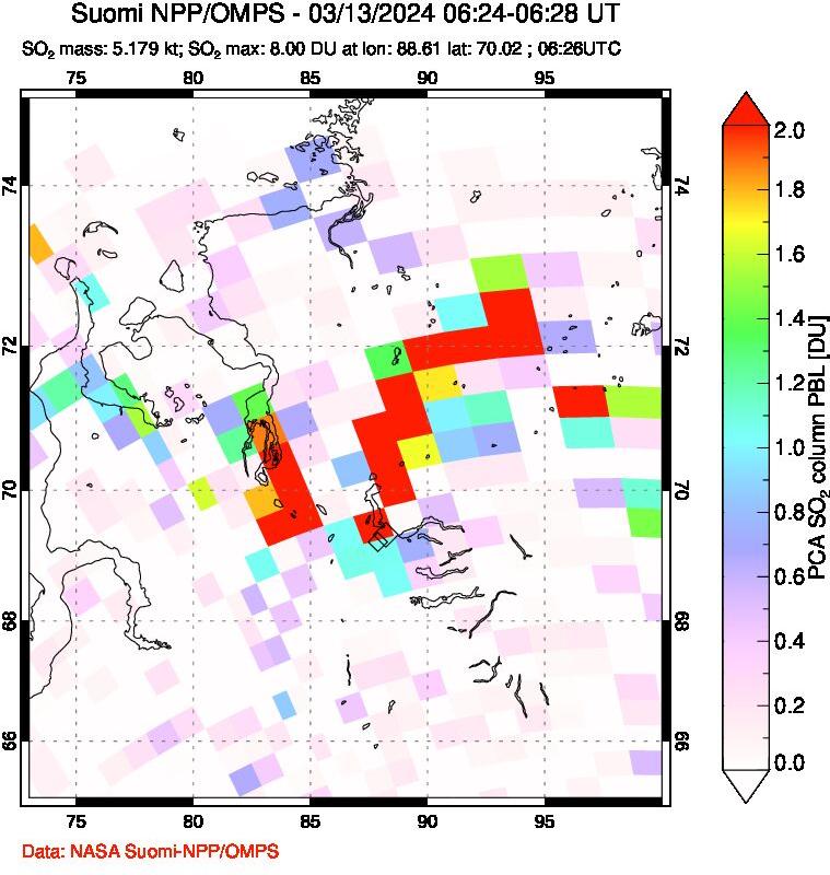 A sulfur dioxide image over Norilsk, Russian Federation on Mar 13, 2024.