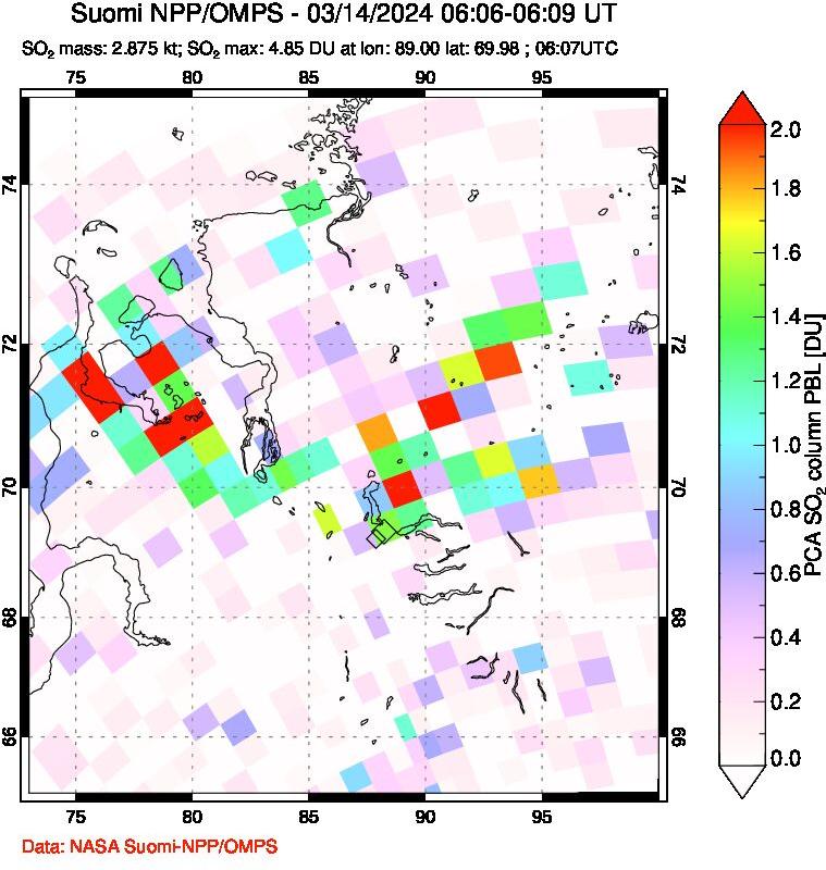 A sulfur dioxide image over Norilsk, Russian Federation on Mar 14, 2024.