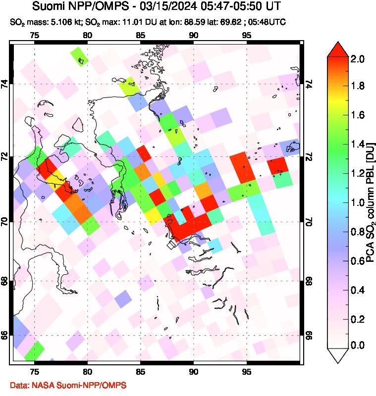 A sulfur dioxide image over Norilsk, Russian Federation on Mar 15, 2024.