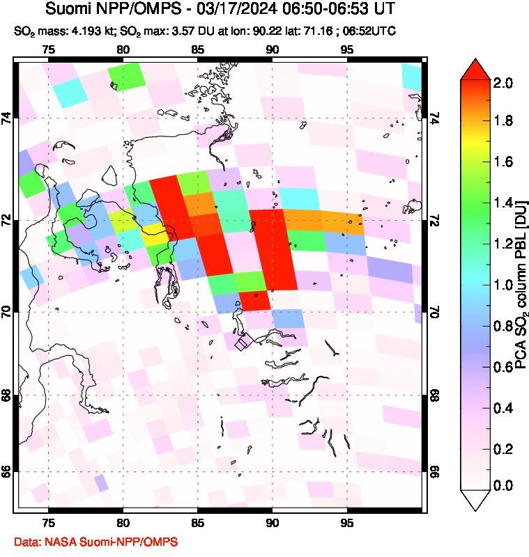 A sulfur dioxide image over Norilsk, Russian Federation on Mar 17, 2024.