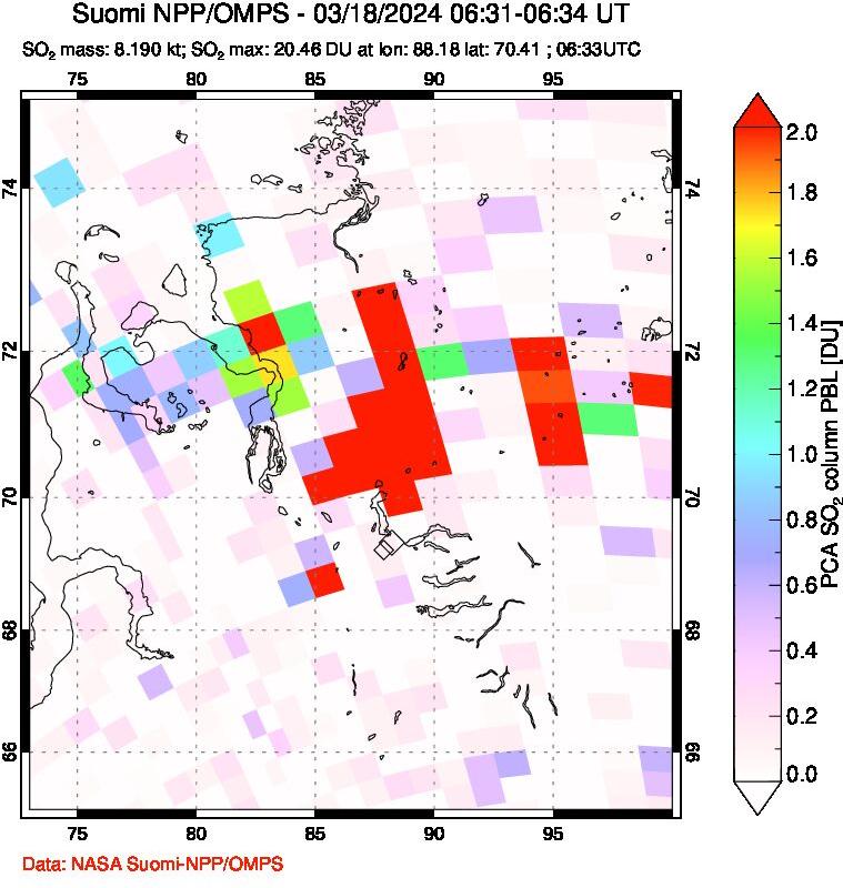 A sulfur dioxide image over Norilsk, Russian Federation on Mar 18, 2024.