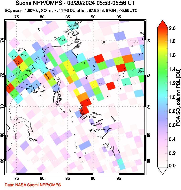 A sulfur dioxide image over Norilsk, Russian Federation on Mar 20, 2024.