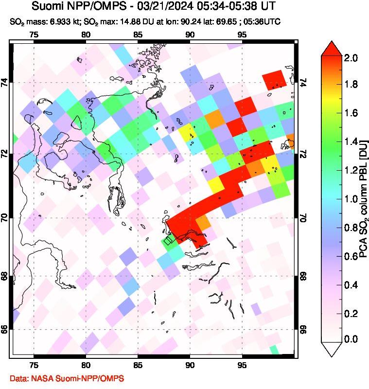 A sulfur dioxide image over Norilsk, Russian Federation on Mar 21, 2024.