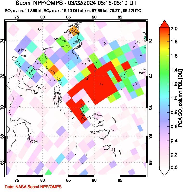 A sulfur dioxide image over Norilsk, Russian Federation on Mar 22, 2024.