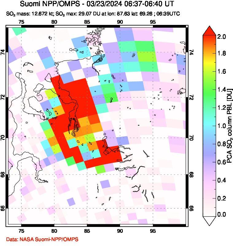 A sulfur dioxide image over Norilsk, Russian Federation on Mar 23, 2024.