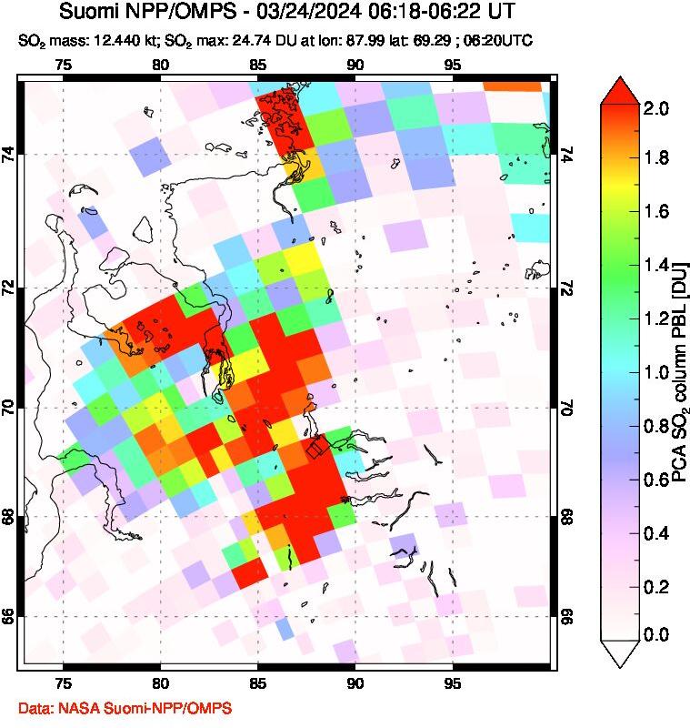 A sulfur dioxide image over Norilsk, Russian Federation on Mar 24, 2024.