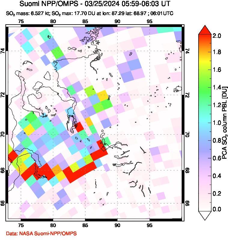 A sulfur dioxide image over Norilsk, Russian Federation on Mar 25, 2024.