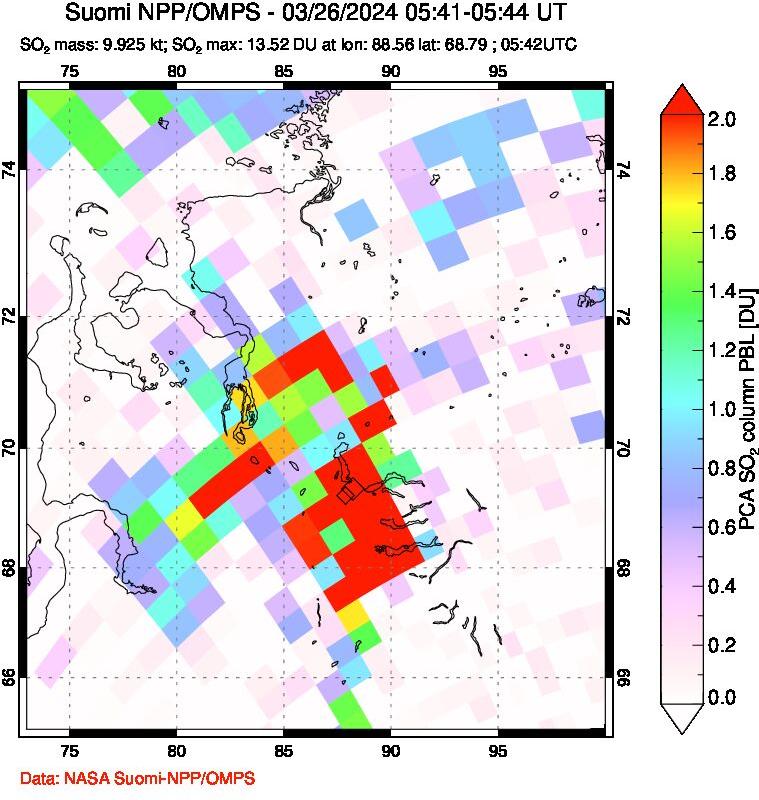 A sulfur dioxide image over Norilsk, Russian Federation on Mar 26, 2024.