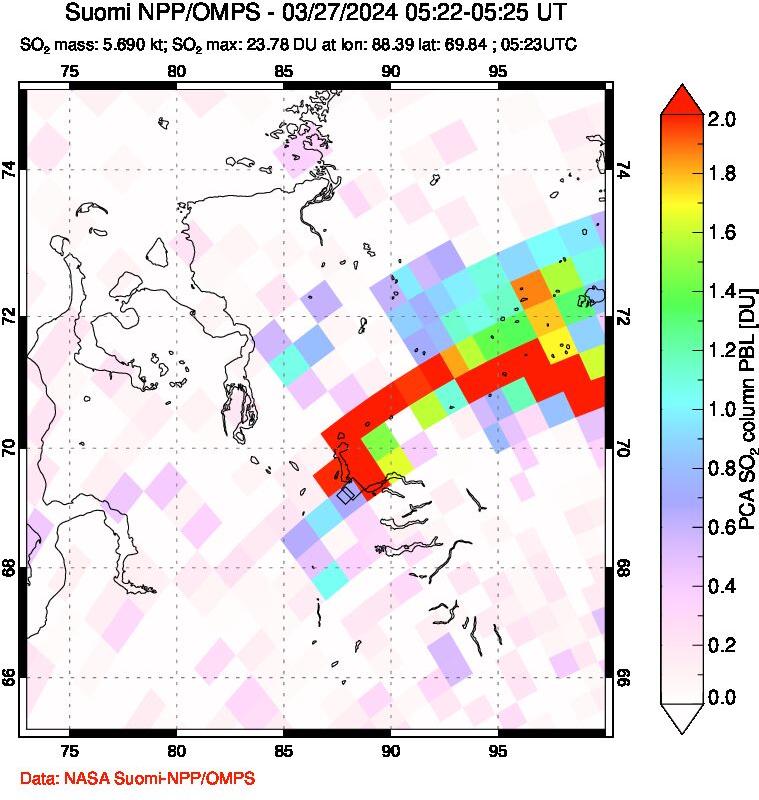 A sulfur dioxide image over Norilsk, Russian Federation on Mar 27, 2024.