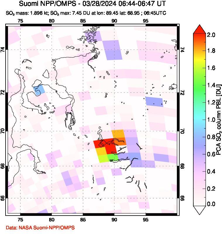 A sulfur dioxide image over Norilsk, Russian Federation on Mar 28, 2024.