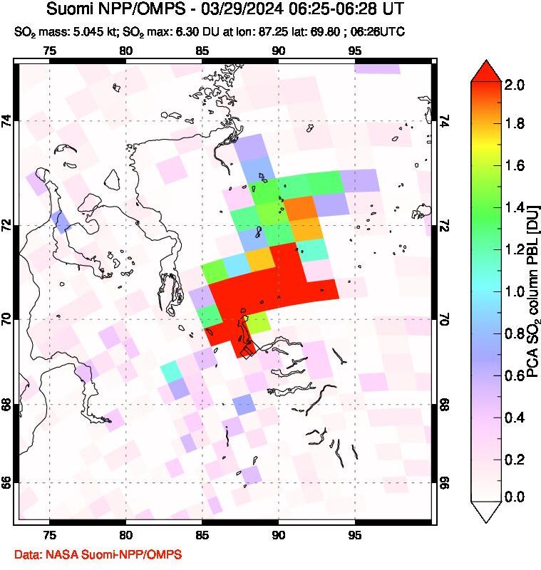 A sulfur dioxide image over Norilsk, Russian Federation on Mar 29, 2024.