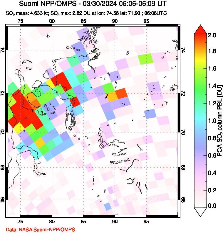 A sulfur dioxide image over Norilsk, Russian Federation on Mar 30, 2024.