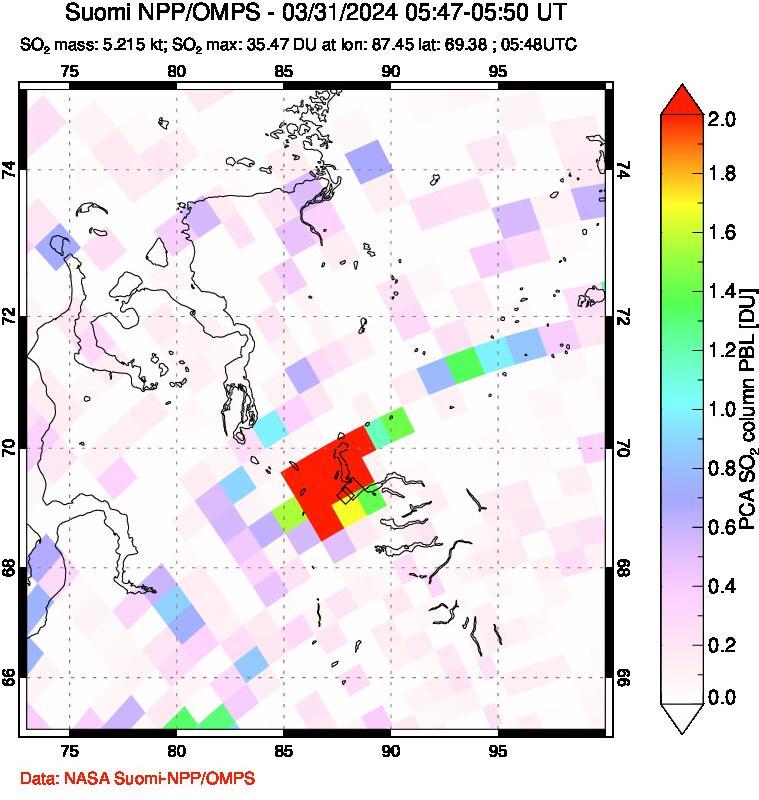 A sulfur dioxide image over Norilsk, Russian Federation on Mar 31, 2024.