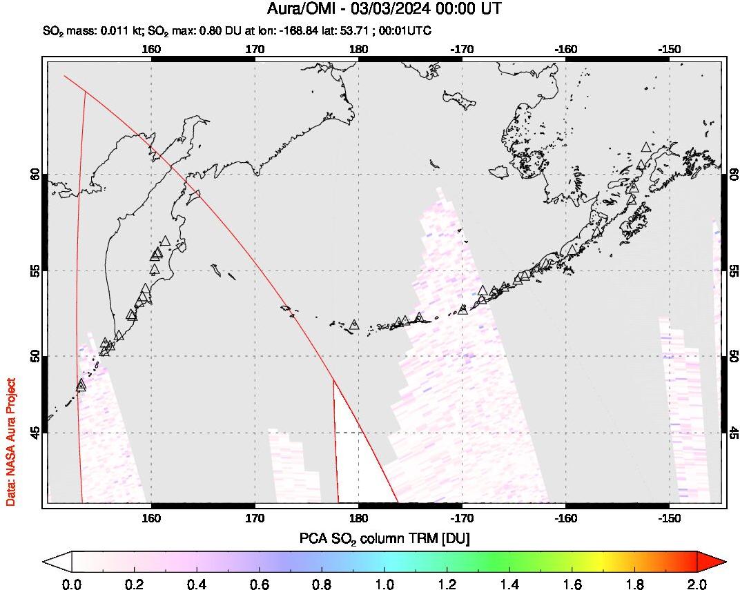 A sulfur dioxide image over North Pacific on Mar 03, 2024.